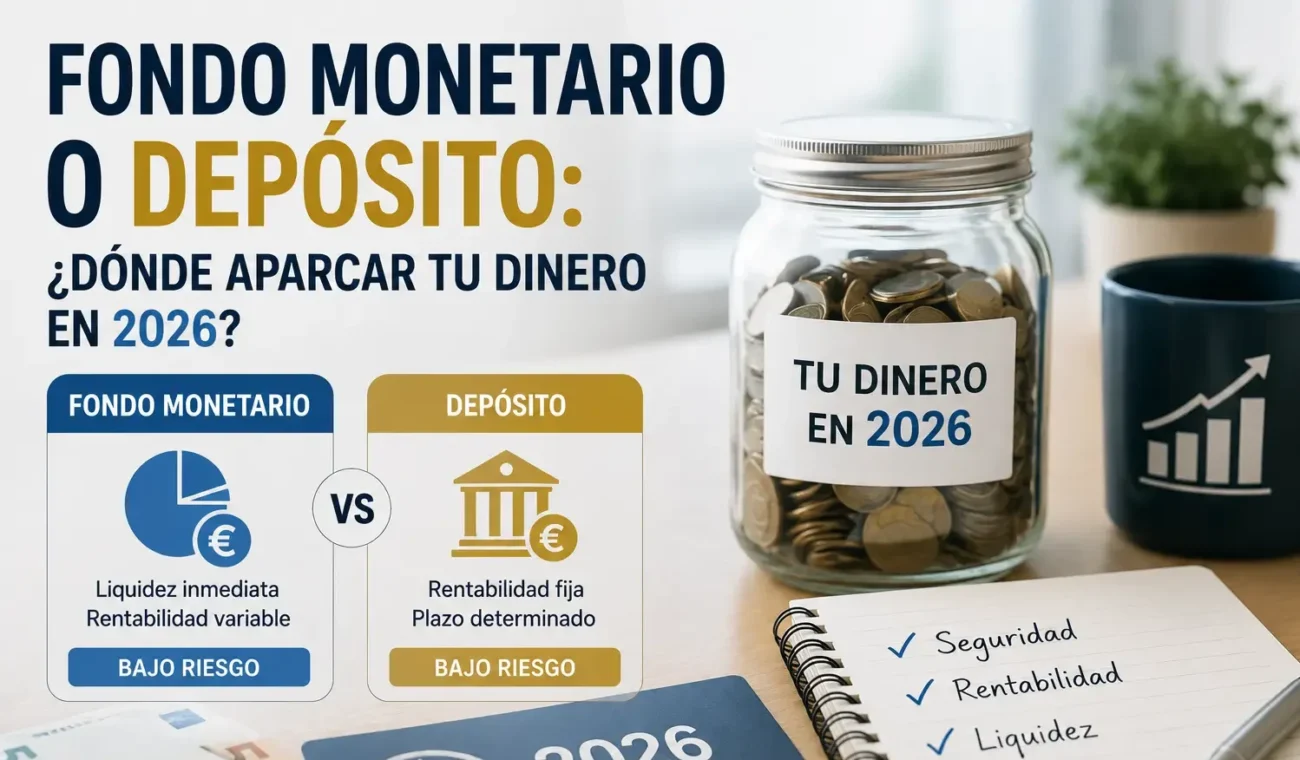 Comparativa visual entre fondos monetarios y depósitos bancarios para guardar el dinero en España en 2026 - DineroClaro