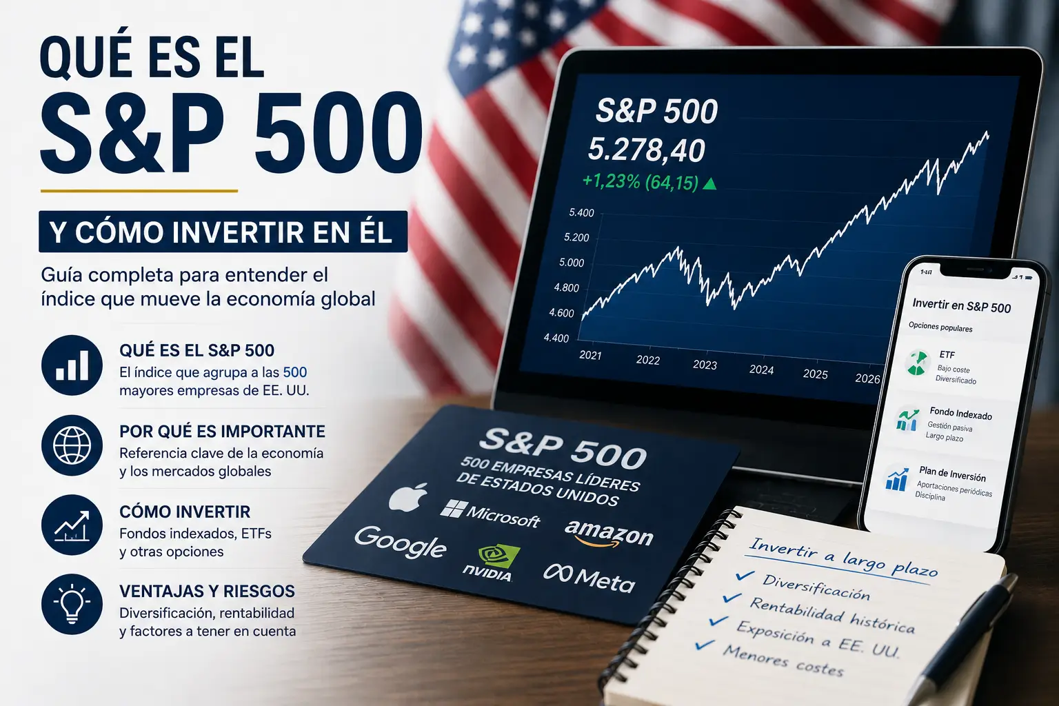 Guía visual explicativa sobre qué es el índice S&P 500 y cómo empezar a invertir en él desde España en 2026 - DineroClaro
