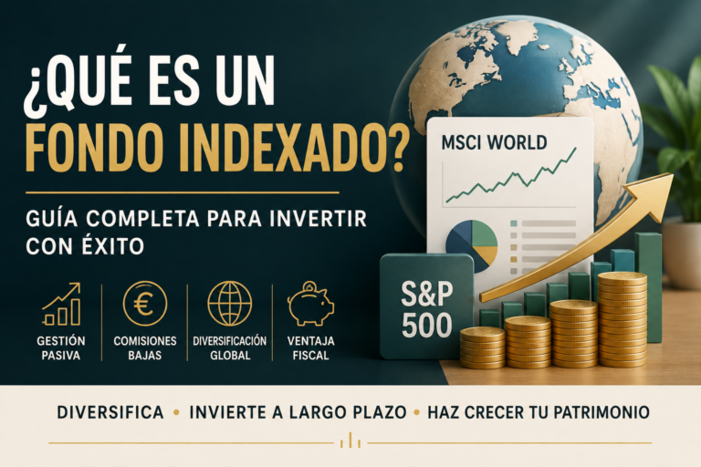 Fondo indexado replicando un índice bursátil mundial con gráfico ascendente, diversificación y crecimiento de la inversión a largo plazo.
