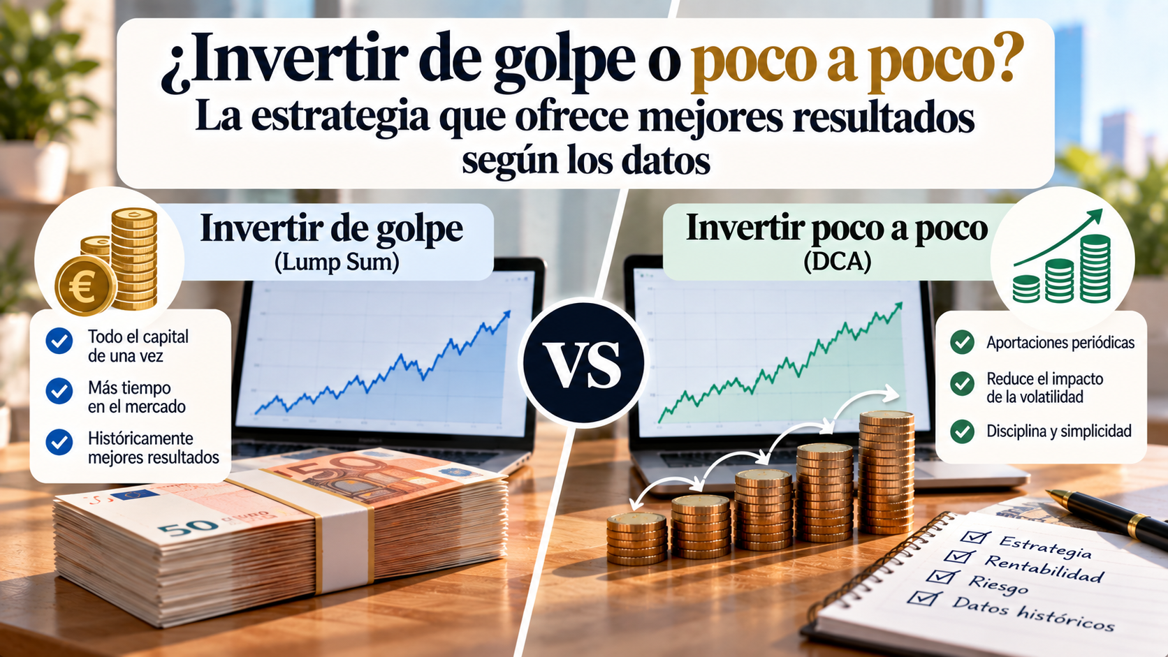 Gráfico comparativo entre invertir de golpe o poco a poco: las estrategias de inversión Lump Sum e inversión recurrente DCA - DineroClaro