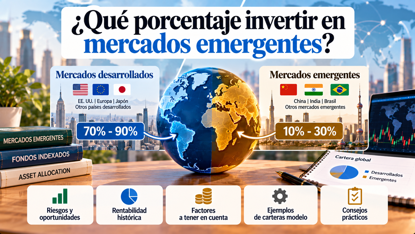 Porcentaje de inversión en mercados emergentes frente a mercados desarrollados en una cartera indexada global.
