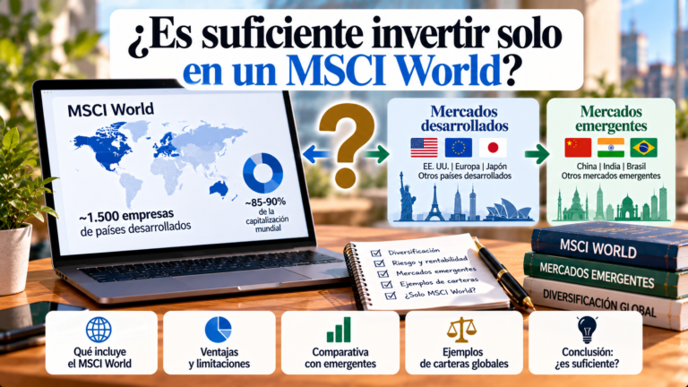 Infografía sobre el MSCI World, su diversificación en mercados desarrollados y emergentes, y las ventajas y limitaciones de invertir únicamente en este índice.