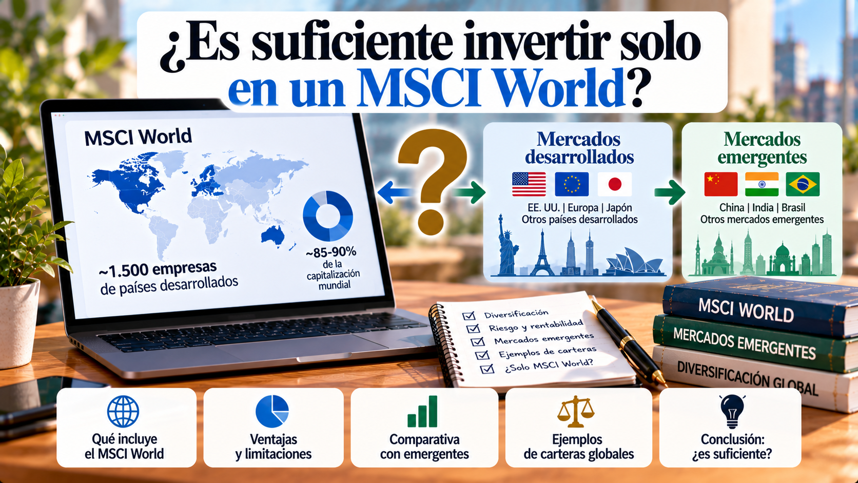 Infografía sobre el MSCI World, su diversificación en mercados desarrollados y emergentes, y las ventajas y limitaciones de invertir únicamente en este índice.