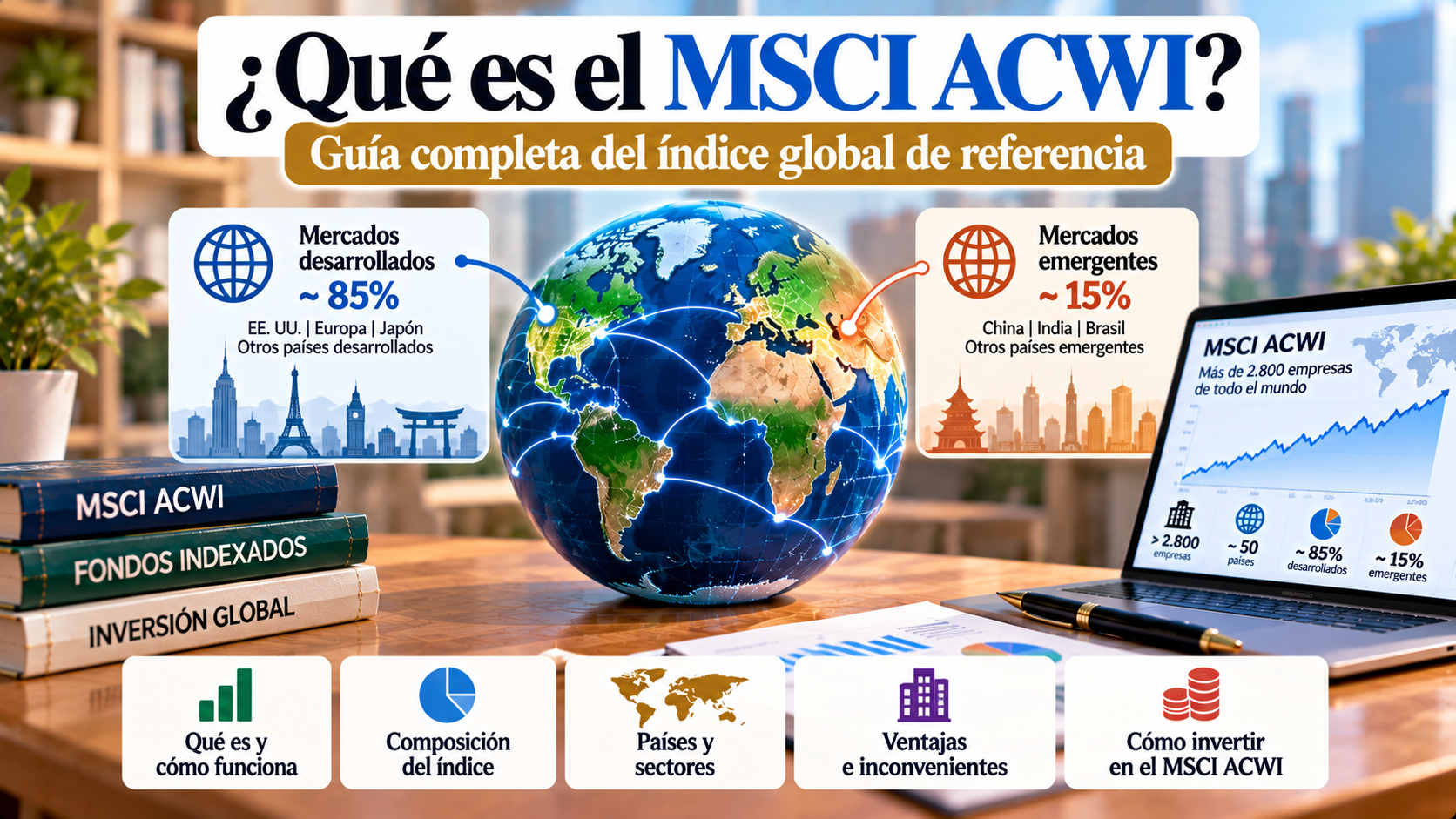 MSCI ACWI: índice bursátil global que combina mercados desarrollados y emergentes en una cartera diversificada de acciones internacionales.