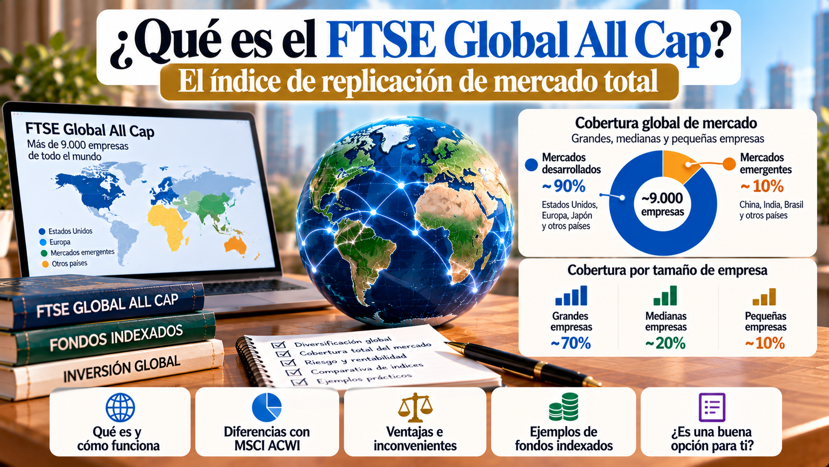 FTSE Global All Cap: índice bursátil global que incluye empresas grandes, medianas y pequeñas de mercados desarrollados y emergentes.
