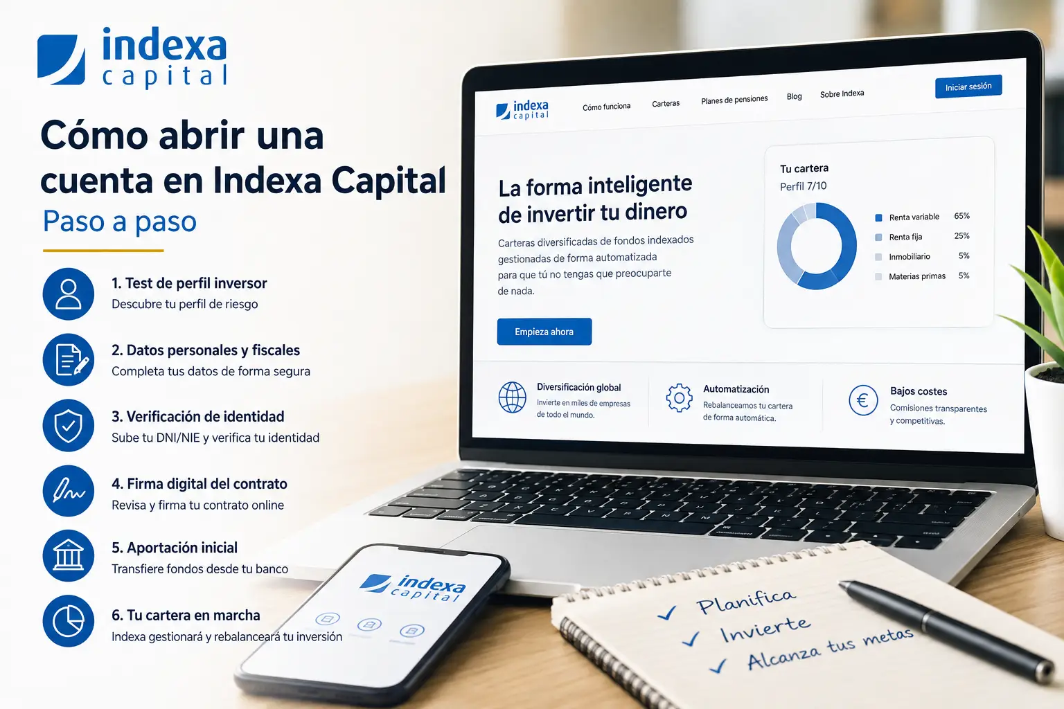 Captura o ilustración del proceso de apertura de cuenta en la plataforma de Indexa Capital