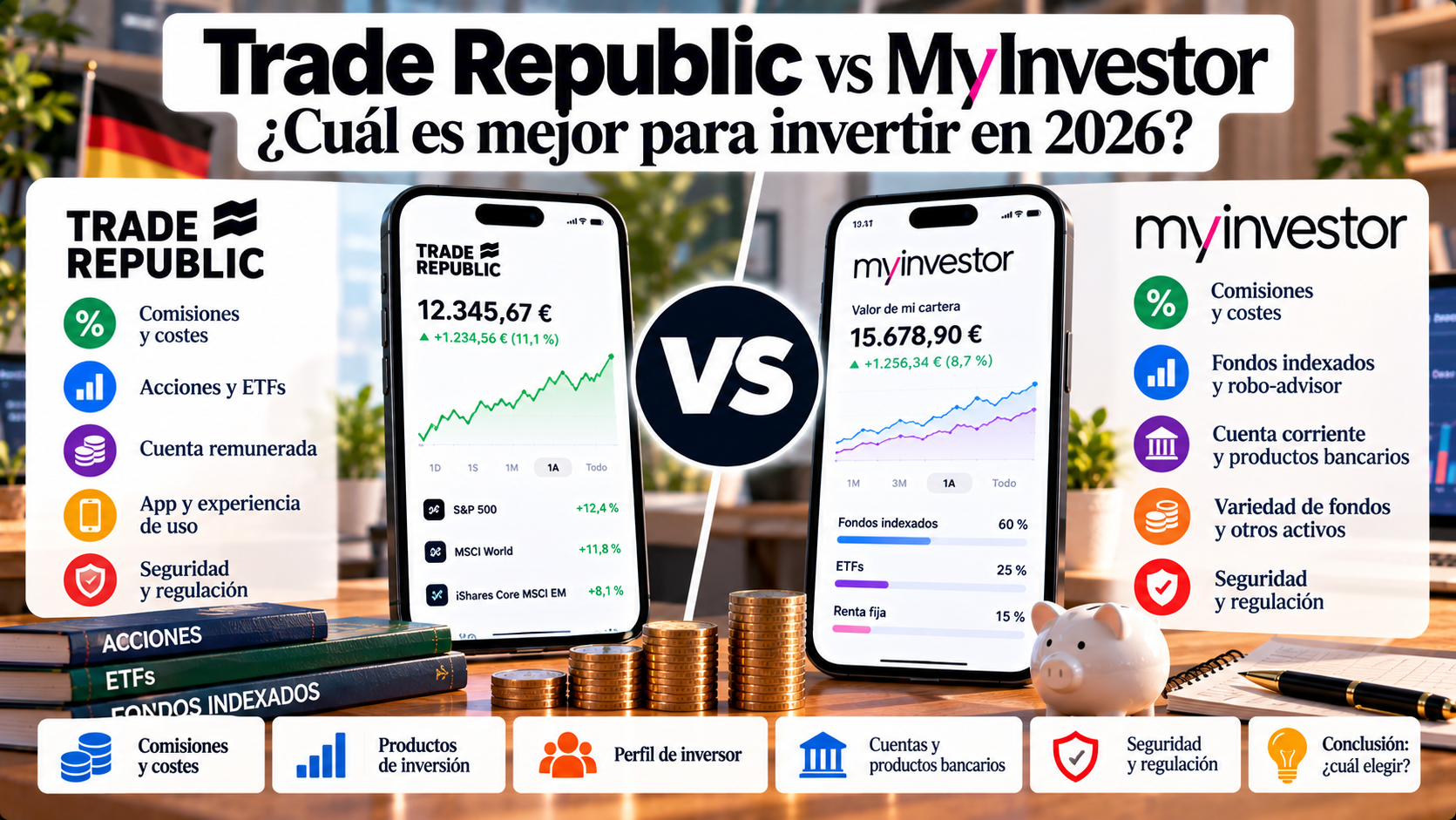 Comparativa gráfica y análisis de cuentas remuneradas y comisiones entre Trade Republic vs MyInvestor - DineroClaro