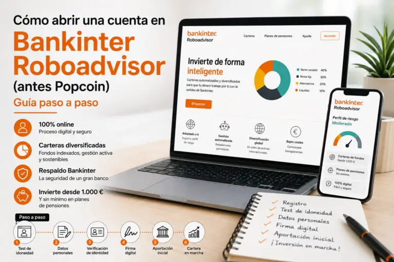 Ilustración del proceso para abrir una cuenta en Bankinter Roboadvisor, antes Popcoin, con registro online, test de idoneidad, verificación de identidad y gestión automatizada de una cartera de inversión.