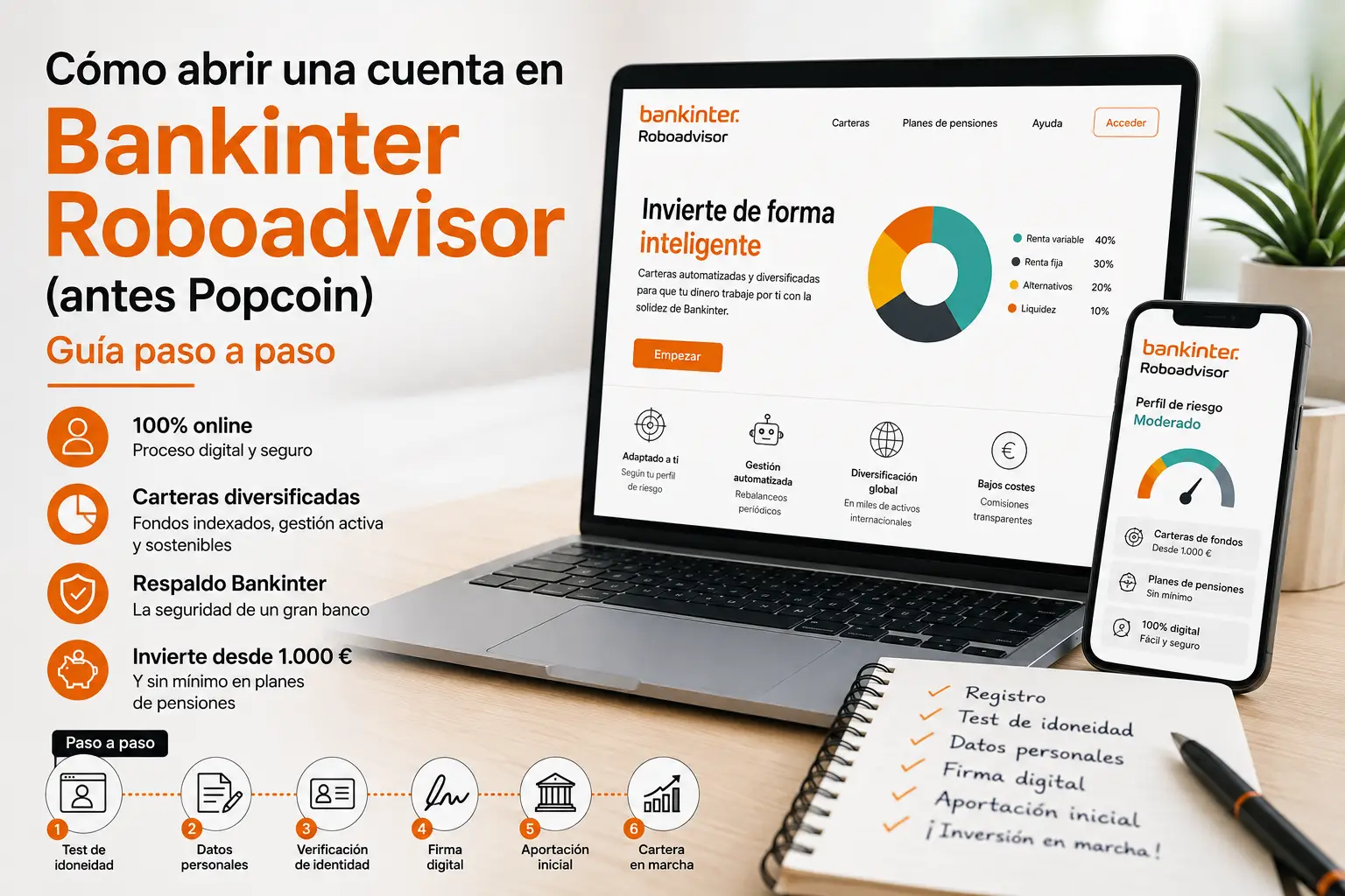 Ilustración del proceso para abrir una cuenta en Bankinter Roboadvisor, antes Popcoin, con registro online, test de idoneidad, verificación de identidad y gestión automatizada de una cartera de inversión.