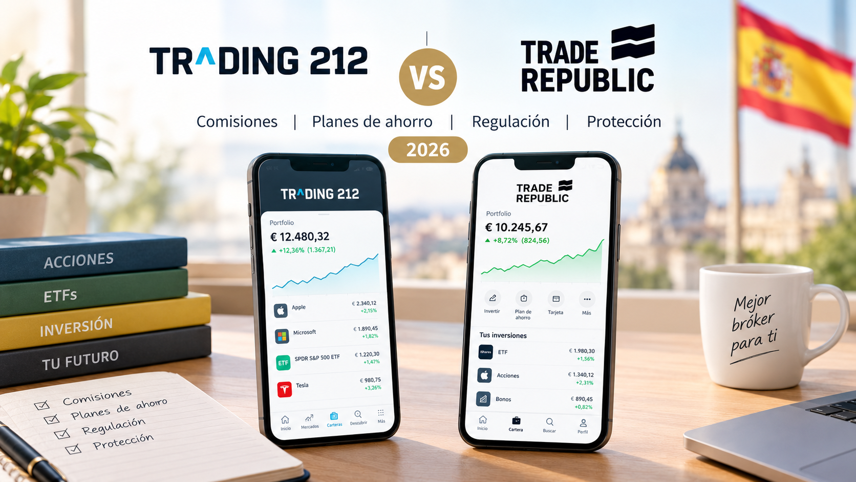 Captura de pantalla de las aplicaciones móviles de Trading 212 vs Trade Republic mostrando gráficos de inversión y carteras
