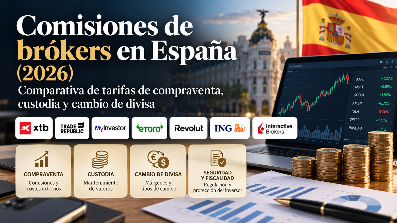 Tabla comparativa de comisiones de brókers financieros en España: compraventa, custodia y cambio de divisa